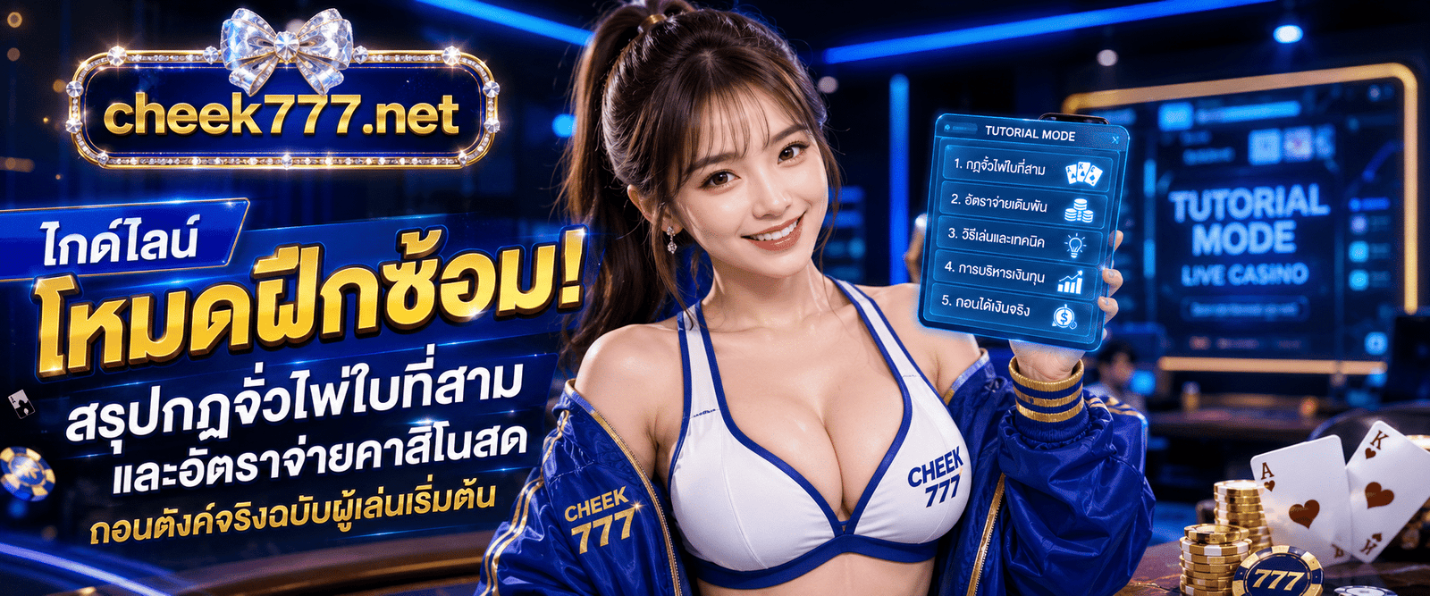 เกเมอร์สาวน่ารักใส่เสื้อฮู้ดทีมแข่งถือสมาร์ตโฟนยิ้มแนะแนว วิธีเล่นบาคาร่ามือใหม่ CHEEK777 ในหน้าคู่มือสาระความรู้คาสิโนสด
